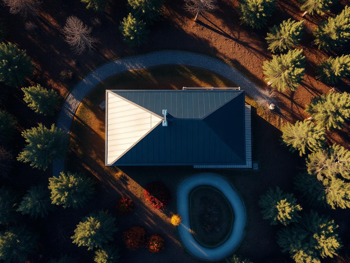 Aerial view of a modern black house in a forest