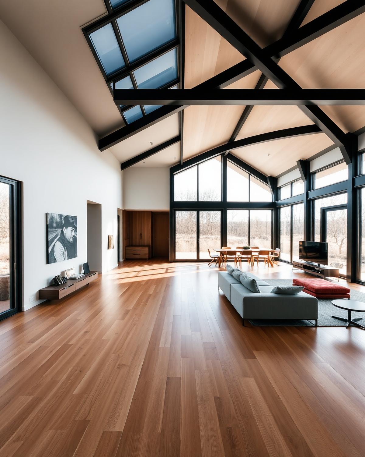 Cathedral-ceiling living space with exposed steel beams