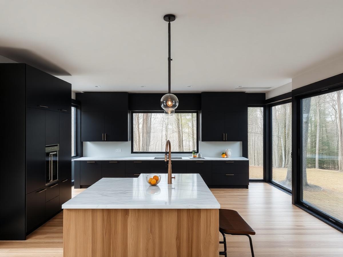 Matte black kitchen with copper accents